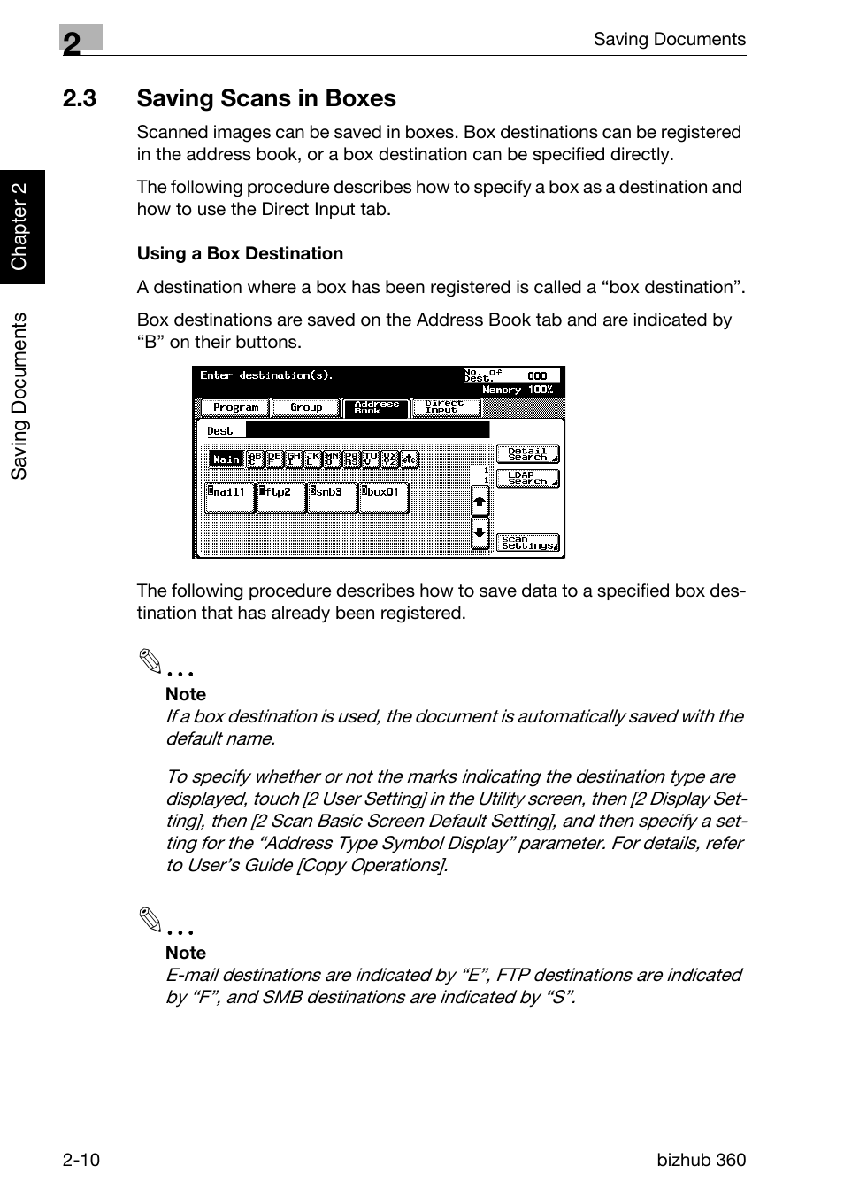 3 saving scans in boxes, Saving scans in boxes -10, Using a box destination -10 | Konica Minolta bizhub 360 User Manual | Page 33 / 218