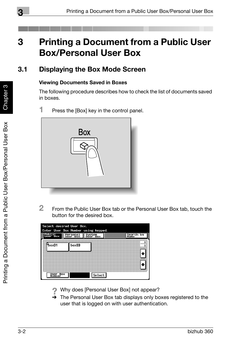 1 displaying the box mode screen, Displaying the box mode screen -2, Viewing documents saved in boxes -2 | Konica Minolta bizhub 360 User Manual | Page 41 / 218