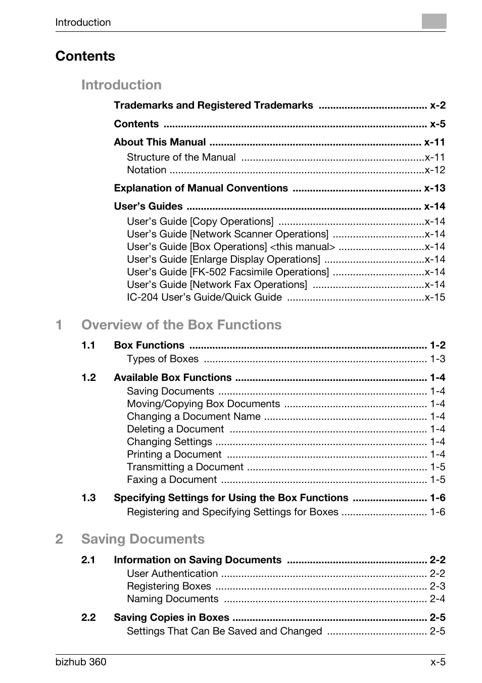 Contents introduction, 1overview of the box functions, 2saving documents | Konica Minolta bizhub 360 User Manual | Page 6 / 218