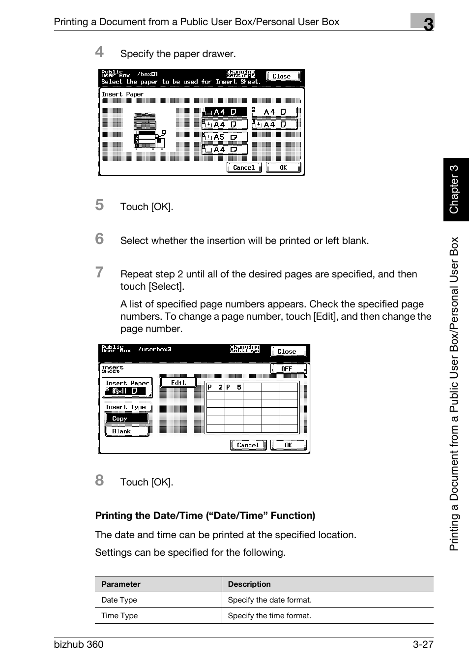 Printing the date/time (“date/time” function) -27, P. 3-27 | Konica Minolta bizhub 360 User Manual | Page 66 / 218