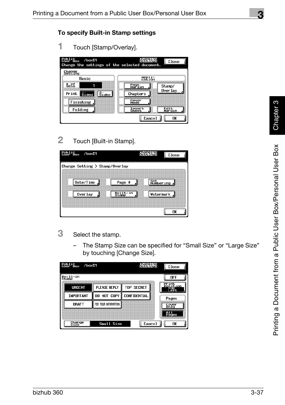 To specify built-in stamp settings -37 | Konica Minolta bizhub 360 User Manual | Page 76 / 218