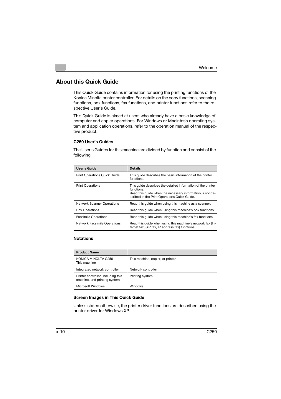 About this quick guide, C250 user’s guides, Notations | Screen images in this quick guide | Konica Minolta bizhub C250 User Manual | Page 11 / 96