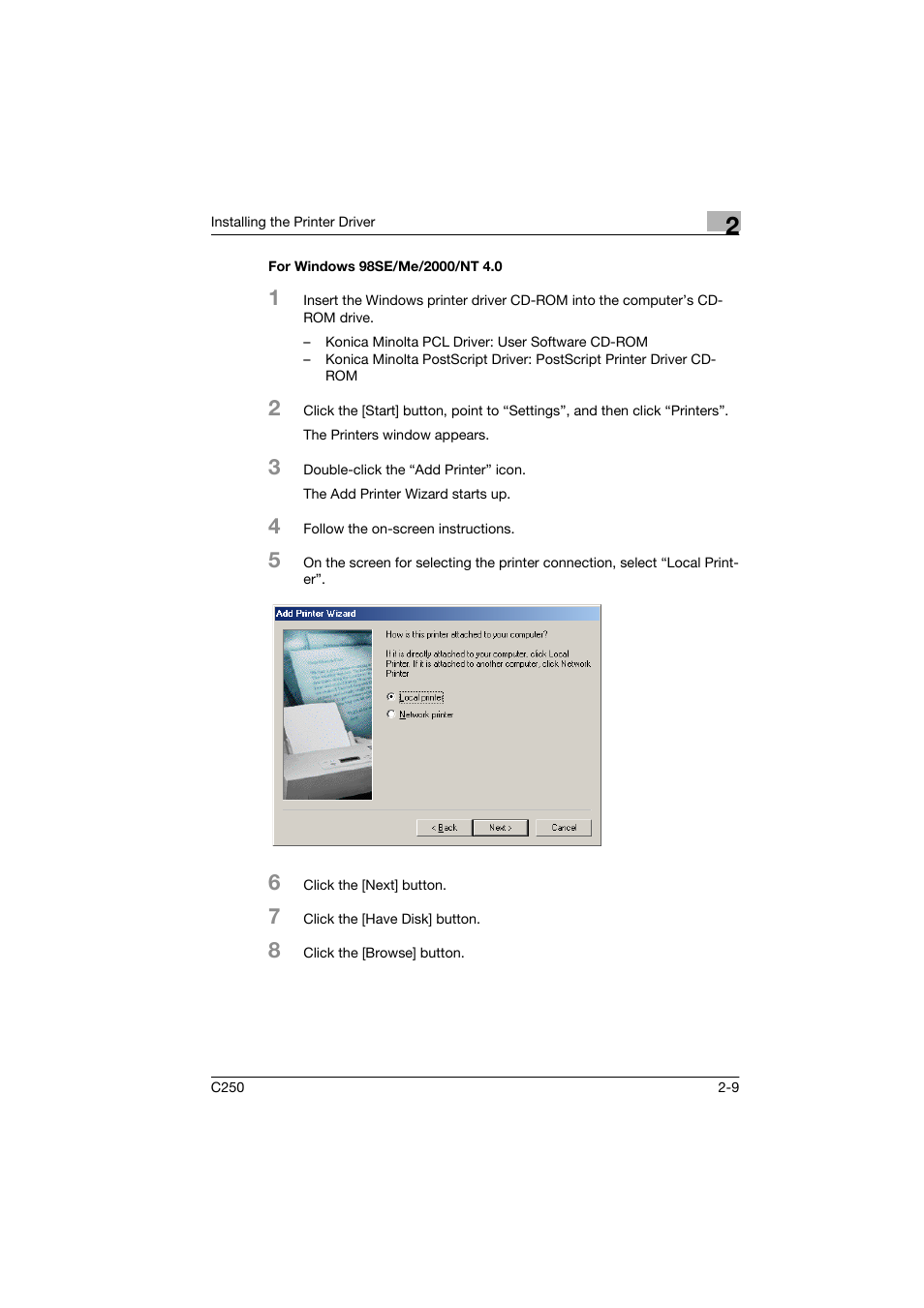 For windows 98se/me/2000/nt 4.0, For windows 98se/me/2000/nt 4.0 -9 | Konica Minolta bizhub C250 User Manual | Page 32 / 96