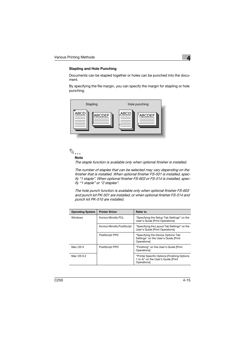 Stapling and hole punching, Stapling and hole punching -15 | Konica Minolta bizhub C250 User Manual | Page 68 / 96