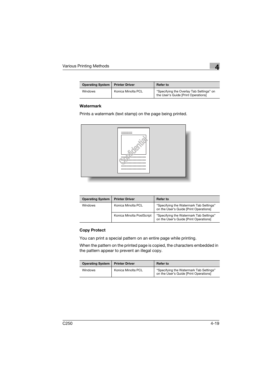 Watermark, Copy protect, Watermark -19 copy protect -19 | Confidential | Konica Minolta bizhub C250 User Manual | Page 72 / 96