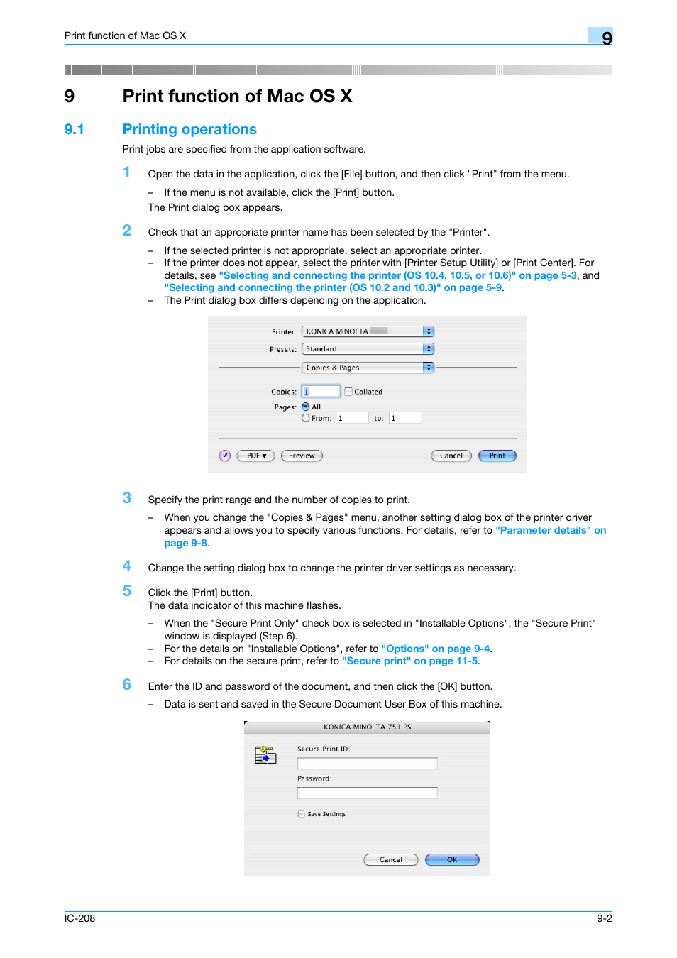 9 print function of mac os x, 1 printing operations, Print function of mac os x | Printing operations -2, 9print function of mac os x | Konica Minolta bizhub 601 User Manual | Page 111 / 273