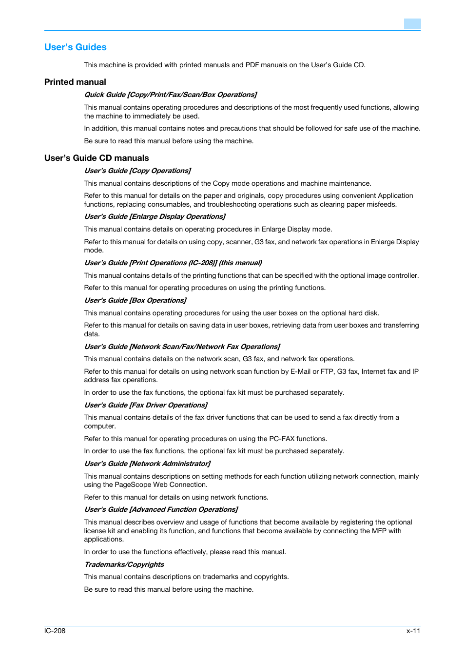 User’s guides, Printed manual, User’s guide cd manuals | Konica Minolta bizhub 601 User Manual | Page 12 / 273