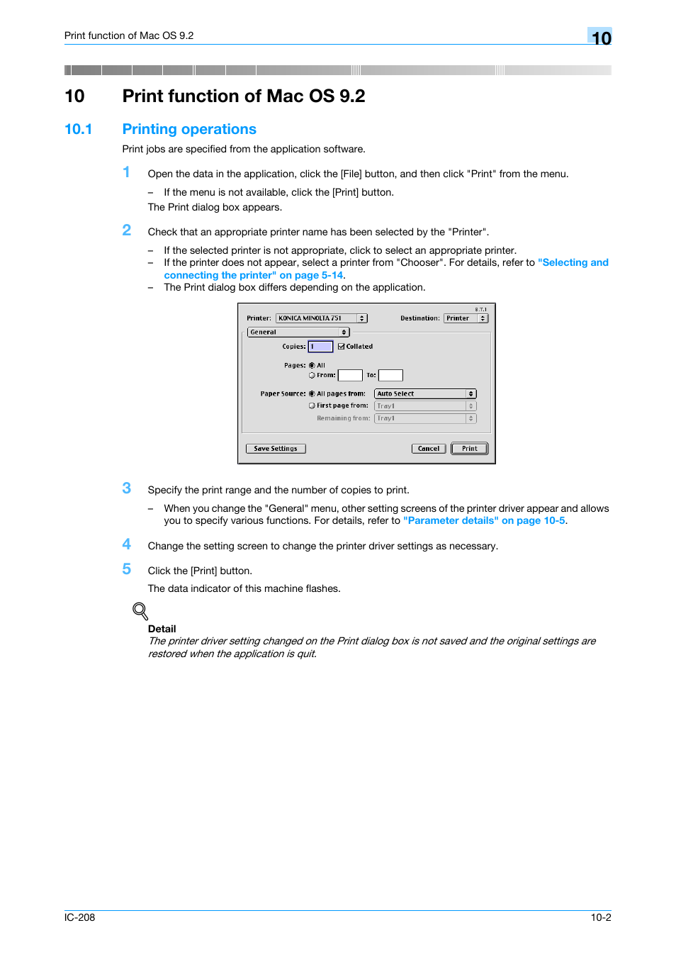 10 print function of mac os 9.2, 1 printing operations, Printing operations -2 | Print function of mac os 9.2 | Konica Minolta bizhub 601 User Manual | Page 135 / 273