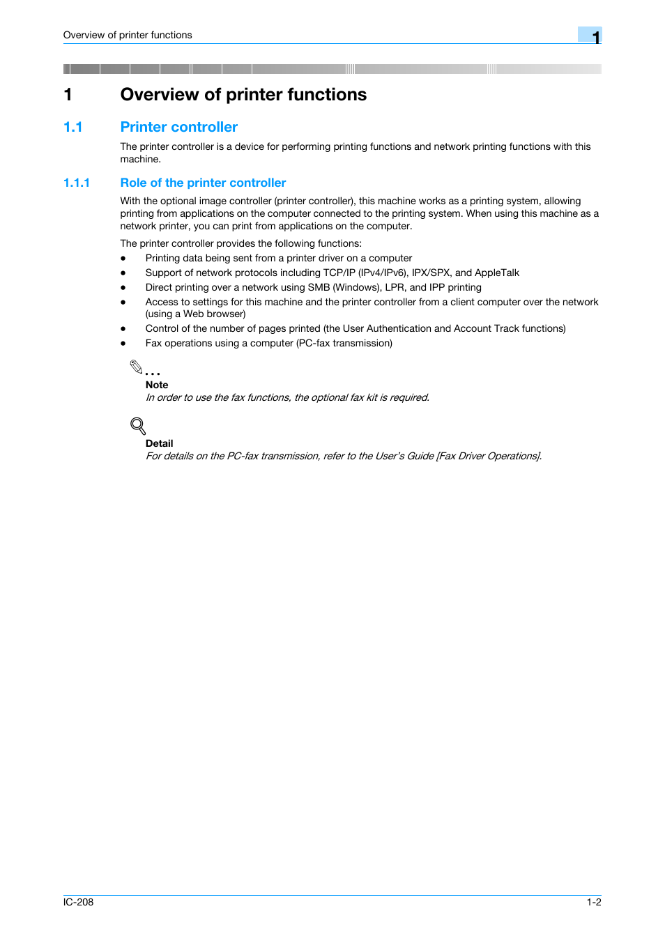1 overview of printer functions, 1 printer controller, 1 role of the printer controller | Overview of printer functions, Printer controller -2, Role of the printer controller -2, 1overview of printer functions | Konica Minolta bizhub 601 User Manual | Page 14 / 273