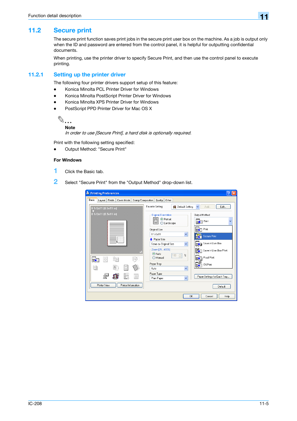 2 secure print, 1 setting up the printer driver, For windows | Secure print -5, Setting up the printer driver -5 for windows -5 | Konica Minolta bizhub 601 User Manual | Page 145 / 273