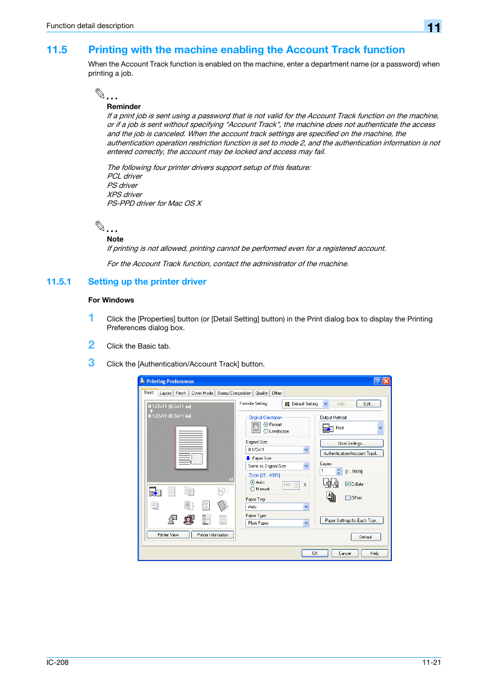 1 setting up the printer driver, For windows, Setting up the printer driver -21 for windows -21 | Konica Minolta bizhub 601 User Manual | Page 161 / 273