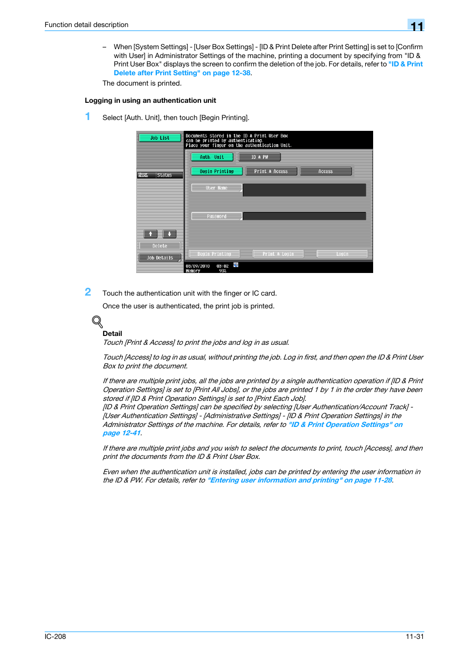 Logging in using an authentication unit, Logging in using an authentication unit -31, Logging in using an | Konica Minolta bizhub 601 User Manual | Page 171 / 273