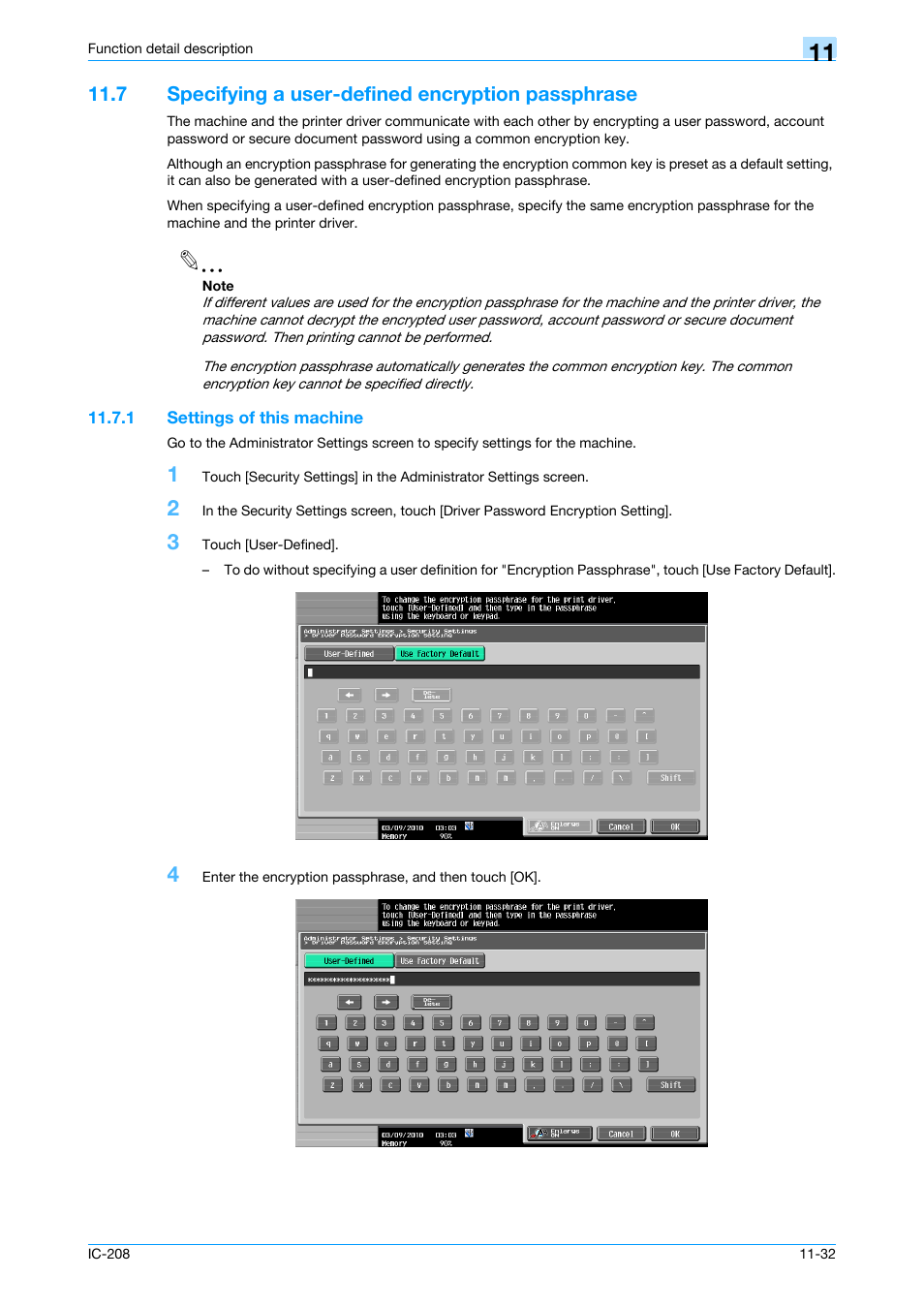 7 specifying a user-defined encryption passphrase, 1 settings of this machine, Settings of this machine -32 | Konica Minolta bizhub 601 User Manual | Page 172 / 273