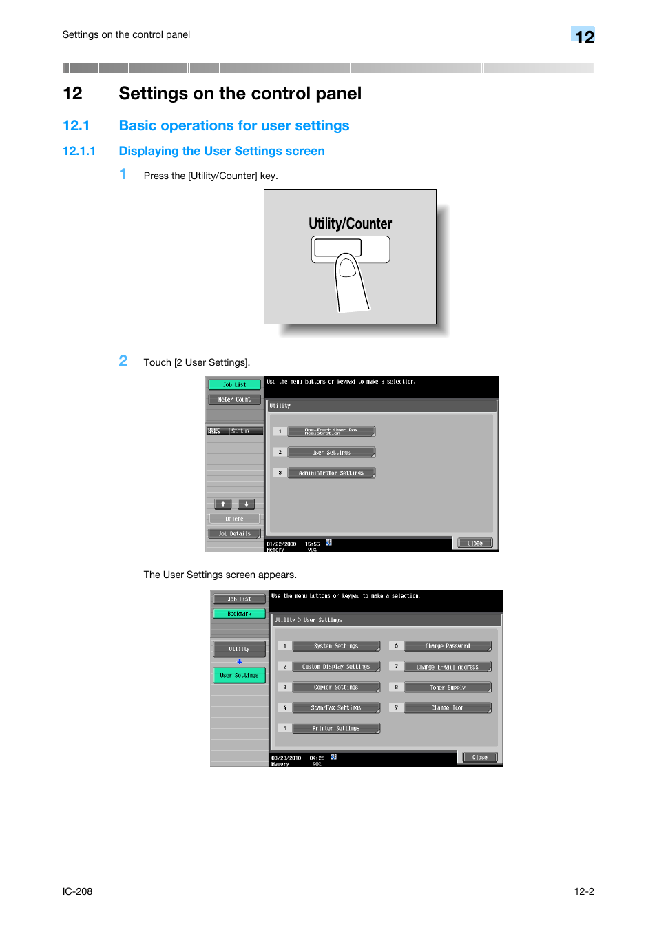 12 settings on the control panel, 1 basic operations for user settings, 1 displaying the user settings screen | Basic operations for user settings -2, Displaying the user settings screen -2, Settings on the control panel | Konica Minolta bizhub 601 User Manual | Page 181 / 273