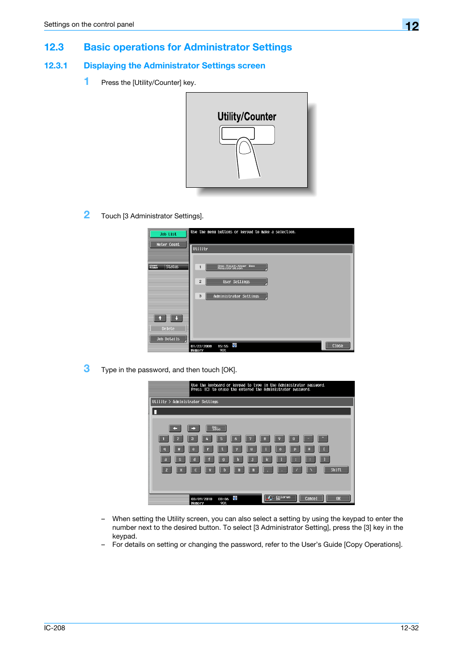 3 basic operations for administrator settings, 1 displaying the administrator settings screen, Basic operations for administrator settings -32 | Displaying the administrator settings screen -32 | Konica Minolta bizhub 601 User Manual | Page 211 / 273
