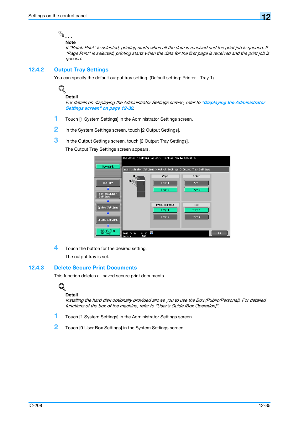 2 output tray settings, 3 delete secure print documents, Output tray settings -35 | Delete secure print documents -35, Tails, refer to | Konica Minolta bizhub 601 User Manual | Page 214 / 273