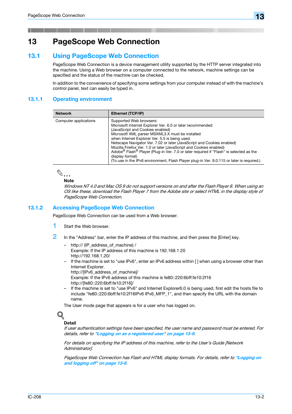 1 operating environment, Operating environment -2, 13 pagescope web connection | 1 using pagescope web connection | Konica Minolta bizhub 601 User Manual | Page 229 / 273