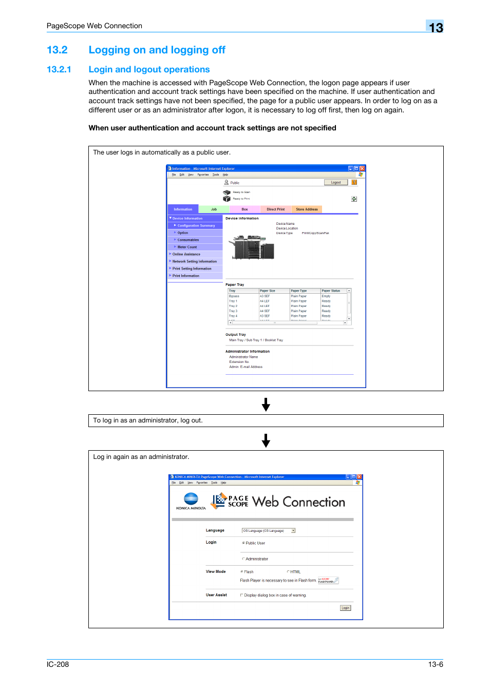 2 logging on and logging off, 1 login and logout operations, Logging on and logging off -6 | Details, refer to, Logging on, Administrator, refer to | Konica Minolta bizhub 601 User Manual | Page 233 / 273