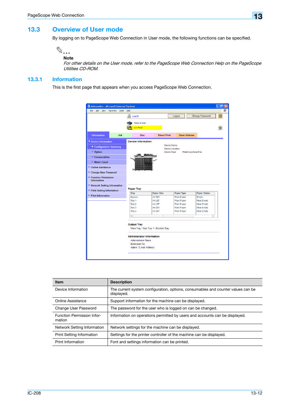 3 overview of user mode, 1 information, Overview of user mode -12 | Information -12, Informa, Information" on | Konica Minolta bizhub 601 User Manual | Page 239 / 273