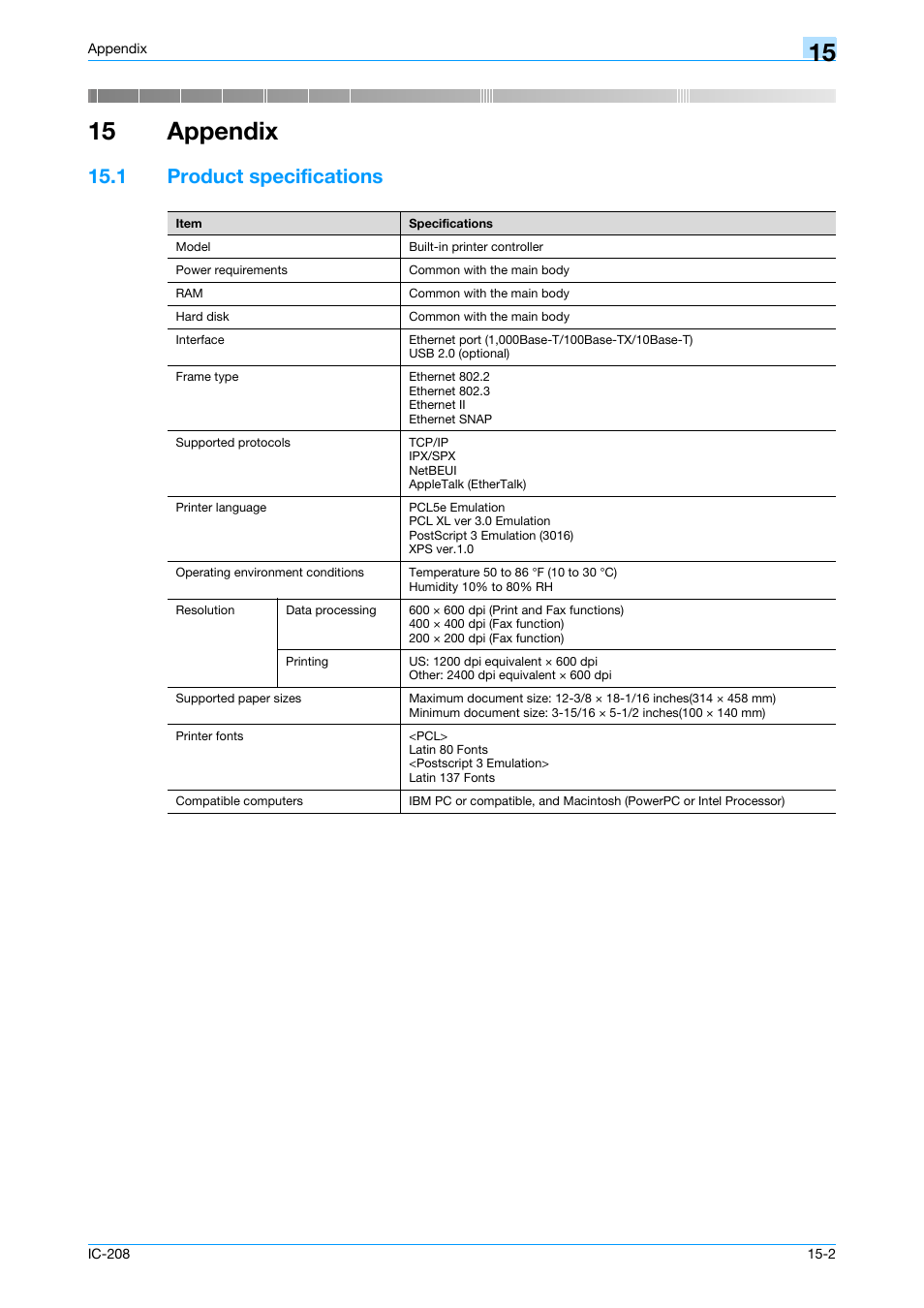 15 appendix, 1 product specifications, Product specifications -2 | Appendix | Konica Minolta bizhub 601 User Manual | Page 256 / 273