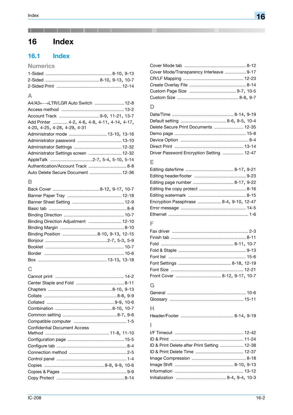 16 index, 1 index, Index -2 | Index | Konica Minolta bizhub 601 User Manual | Page 270 / 273