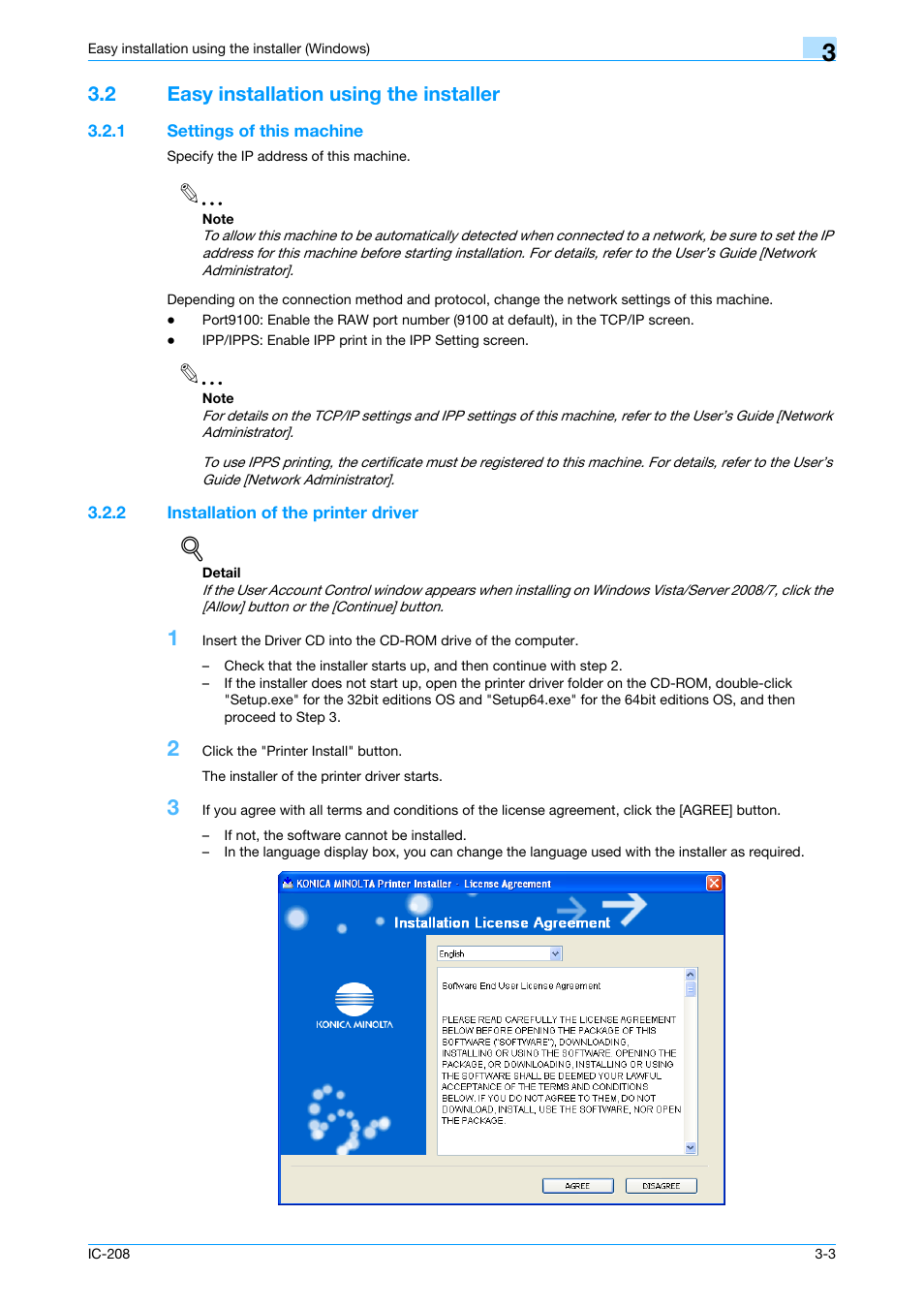2 easy installation using the installer, 1 settings of this machine, 2 installation of the printer driver | Easy installation using the installer -3, Settings of this machine -3, Installation of the printer driver -3 | Konica Minolta bizhub 601 User Manual | Page 33 / 273