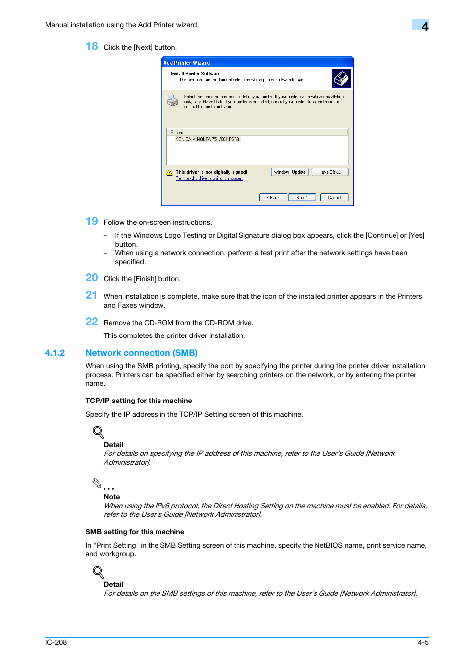 2 network connection (smb), Tcp/ip setting for this machine, Smb setting for this machine | Konica Minolta bizhub 601 User Manual | Page 40 / 273