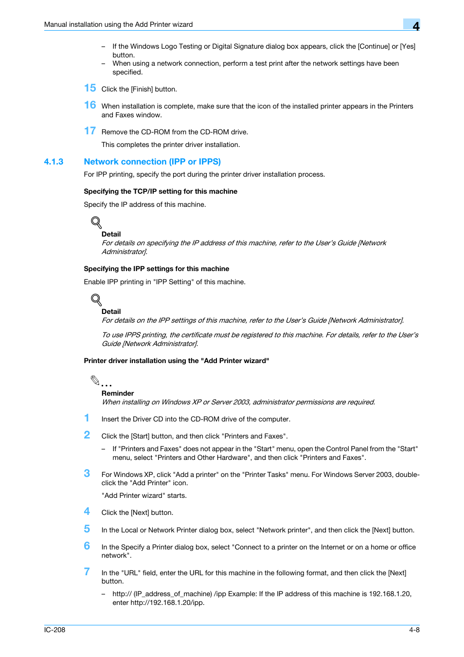 3 network connection (ipp or ipps), Specifying the tcp/ip setting for this machine, Specifying the ipp settings for this machine | Konica Minolta bizhub 601 User Manual | Page 43 / 273