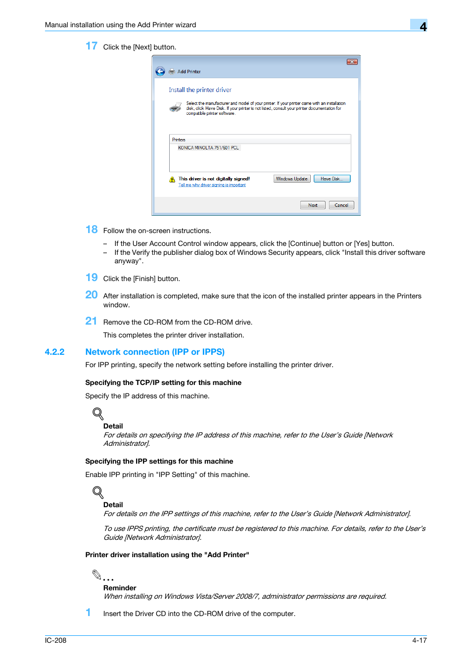 2 network connection (ipp or ipps), Specifying the tcp/ip setting for this machine, Specifying the ipp settings for this machine | Printer driver installation using the "add printer | Konica Minolta bizhub 601 User Manual | Page 52 / 273