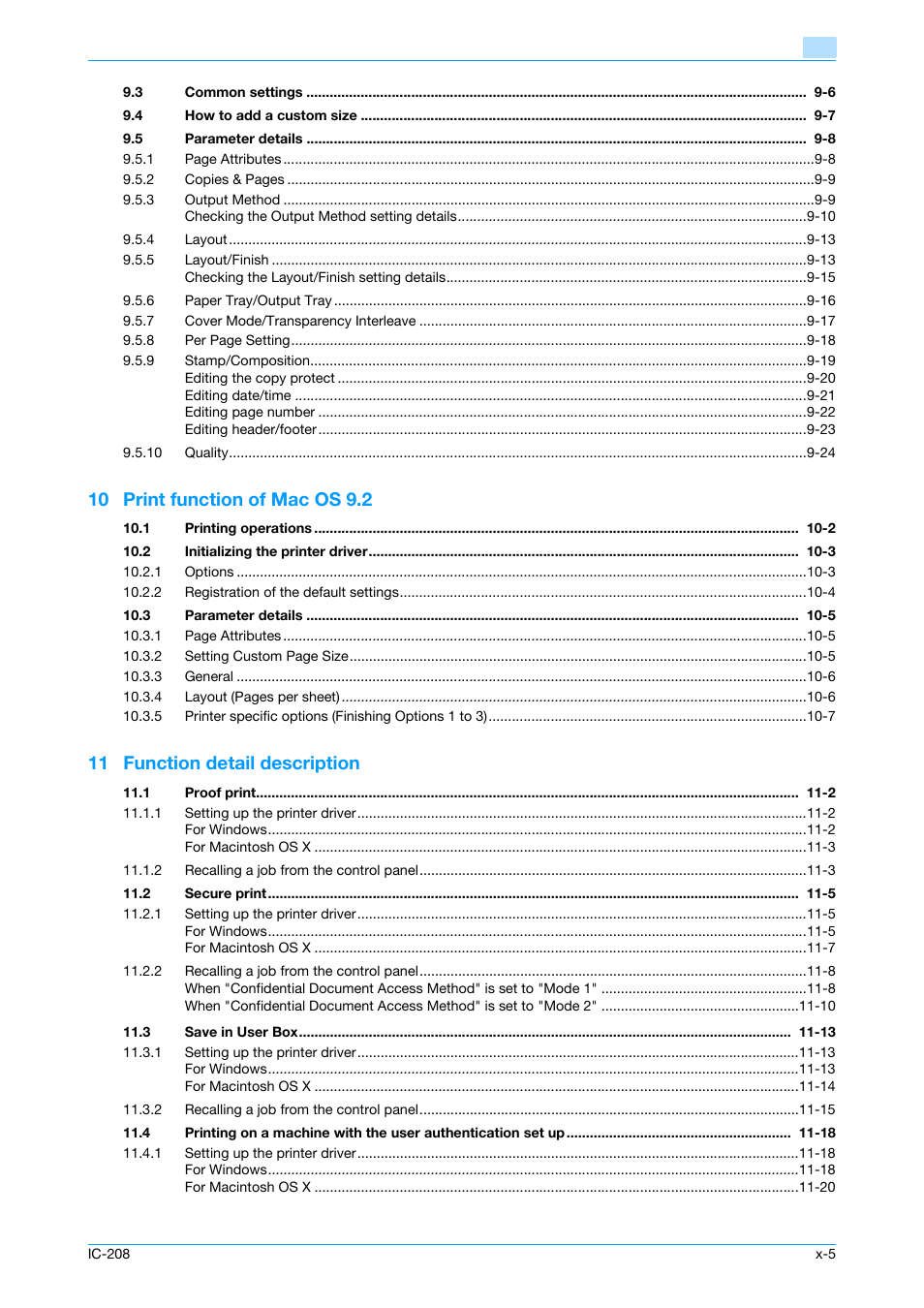 10 print function of mac os 9.2, 11 function detail description | Konica Minolta bizhub 601 User Manual | Page 6 / 273