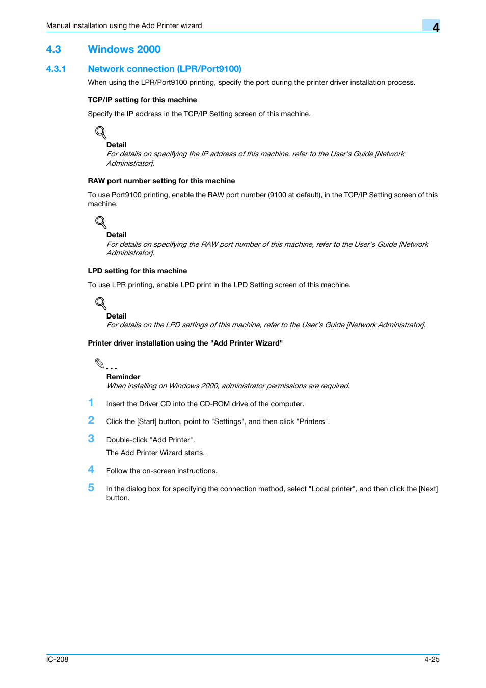 3 windows 2000, 1 network connection (lpr/port9100), Tcp/ip setting for this machine | Raw port number setting for this machine, Lpd setting for this machine, Windows 2000 -25 | Konica Minolta bizhub 601 User Manual | Page 60 / 273