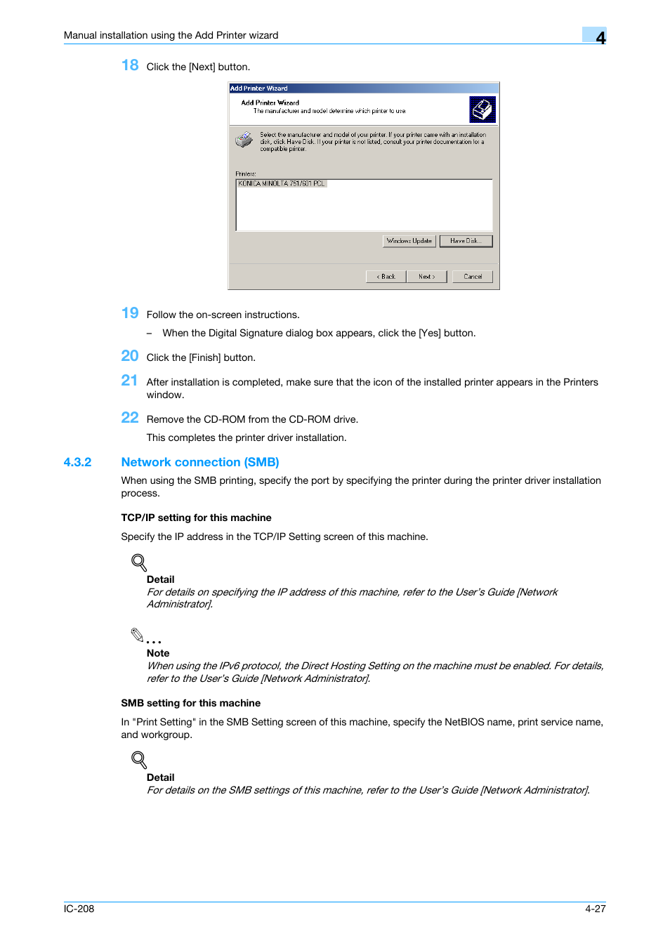 2 network connection (smb), Tcp/ip setting for this machine, Smb setting for this machine | Konica Minolta bizhub 601 User Manual | Page 62 / 273