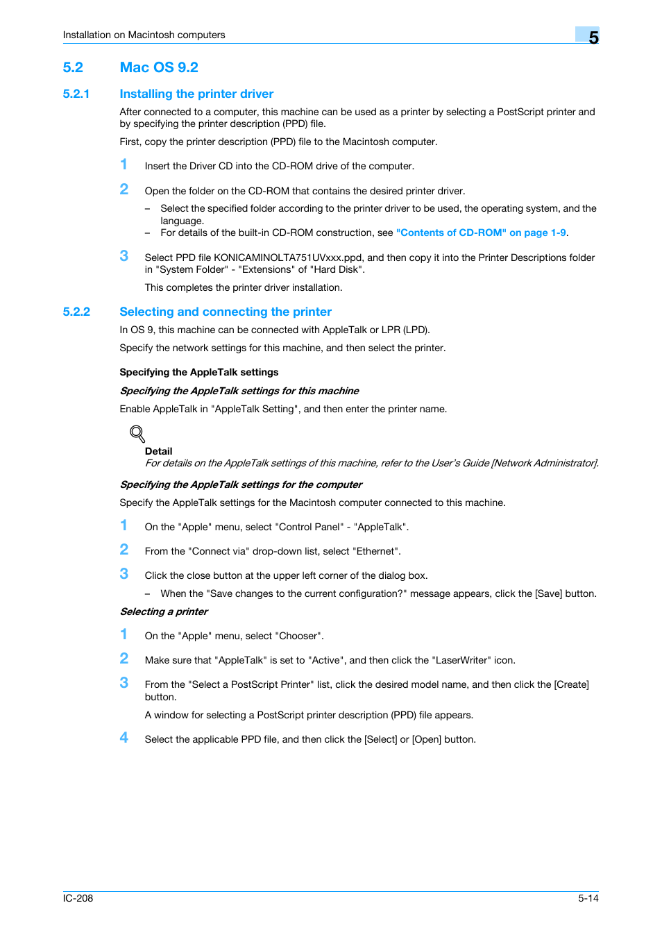 2 mac os 9.2, 1 installing the printer driver, 2 selecting and connecting the printer | Specifying the appletalk settings, Mac os 9.2 -14, Installing the printer driver -14 | Konica Minolta bizhub 601 User Manual | Page 81 / 273