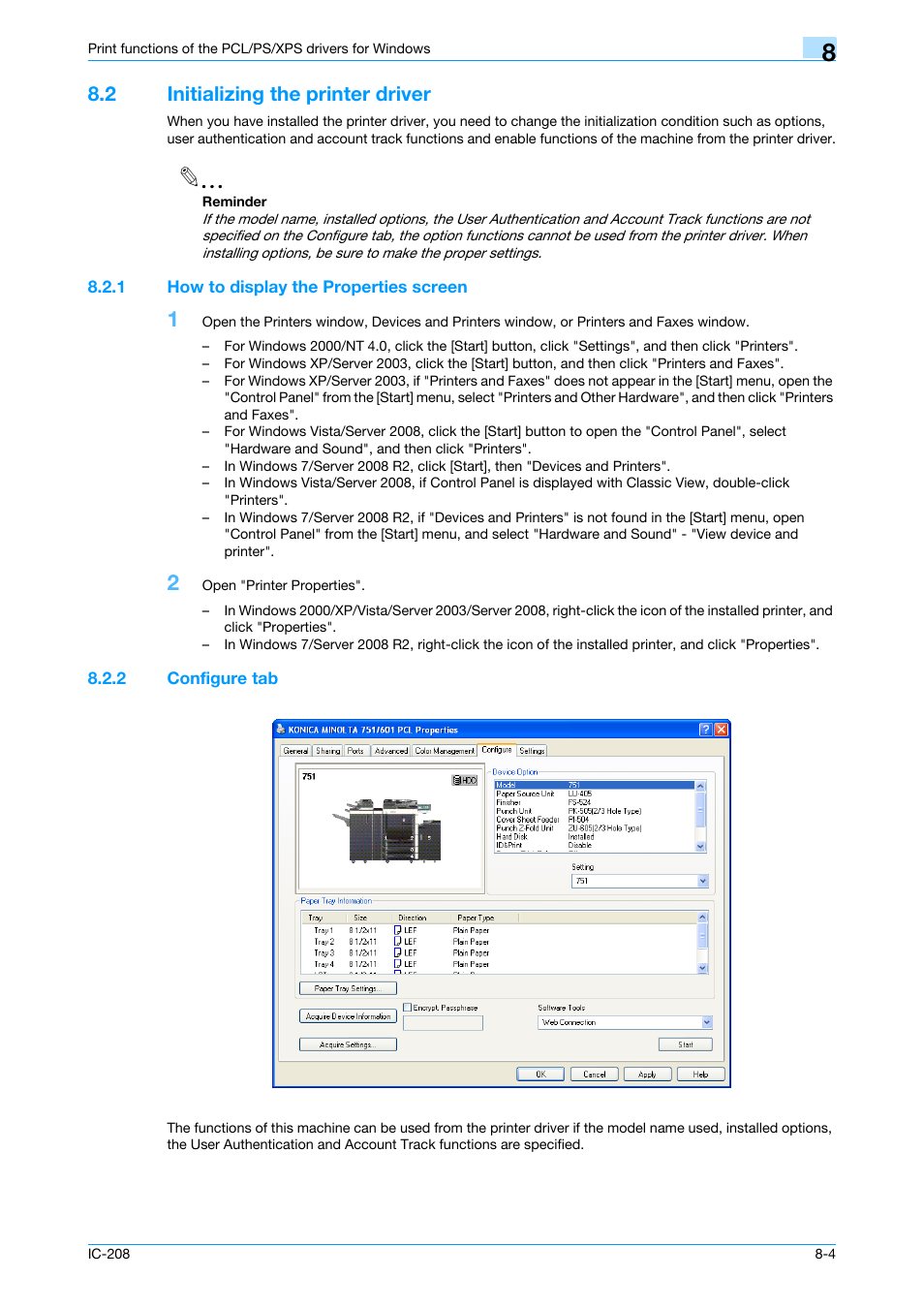 2 initializing the printer driver, 1 how to display the properties screen, 2 configure tab | Initializing the printer driver -4, How to display the properties screen -4, Configure tab -4, Initializing the printer driver" on | Konica Minolta bizhub 601 User Manual | Page 94 / 273