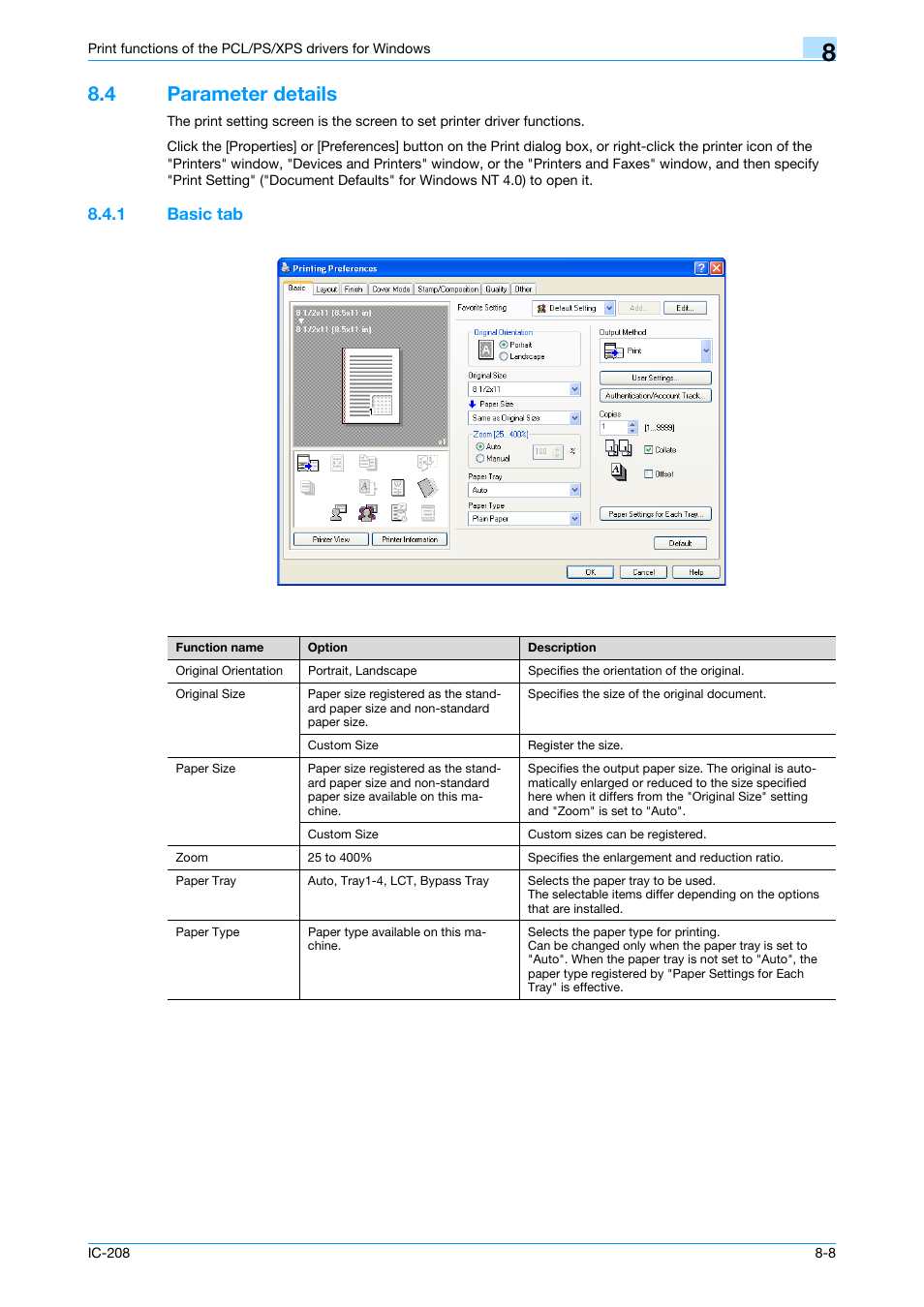 4 parameter details, 1 basic tab, Parameter details -8 | Basic tab -8, Parameter details" on | Konica Minolta bizhub 601 User Manual | Page 98 / 273