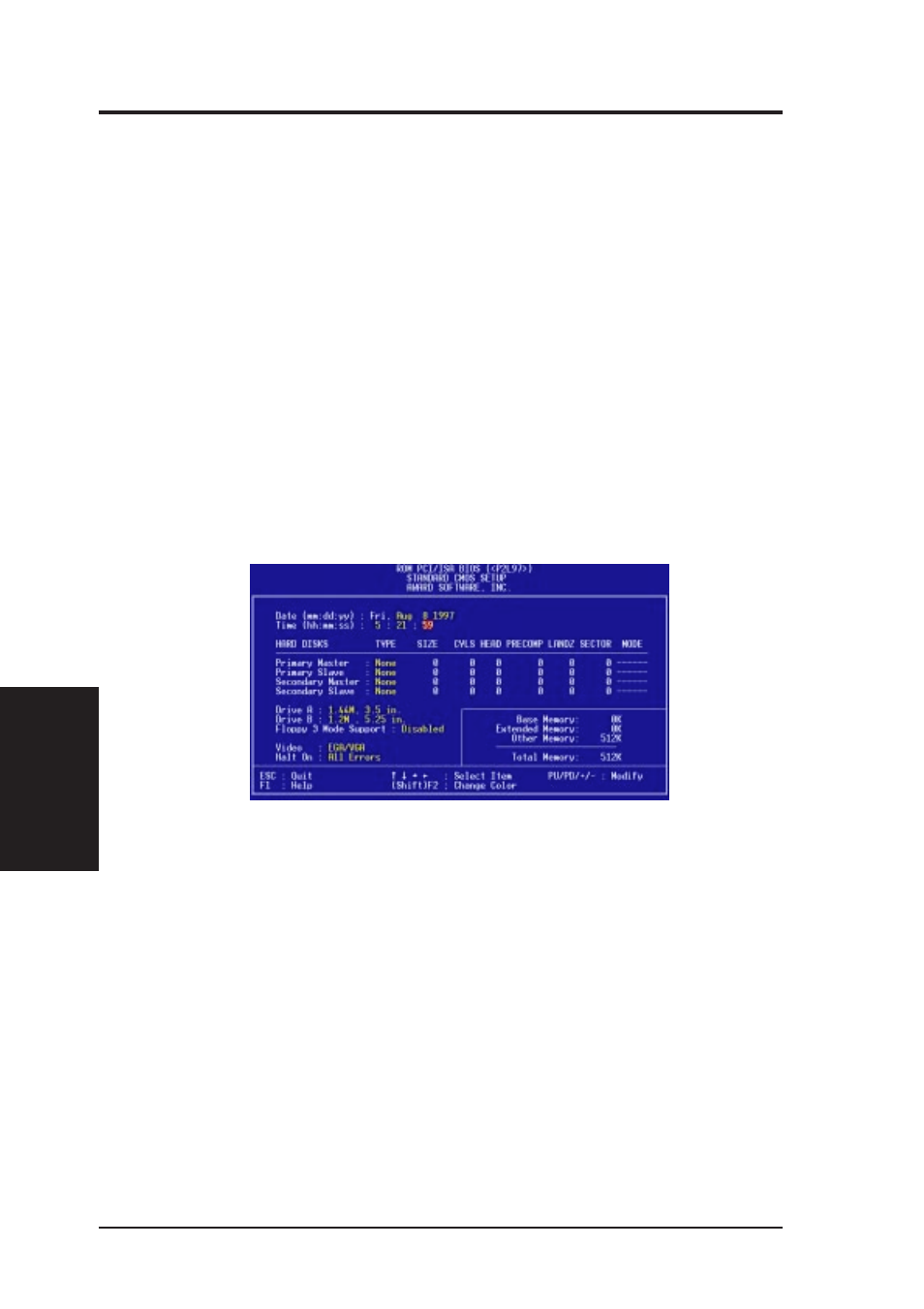 Iv. bios software, Standard cmos setup | Asus P2L97 User Manual | Page 38 / 56