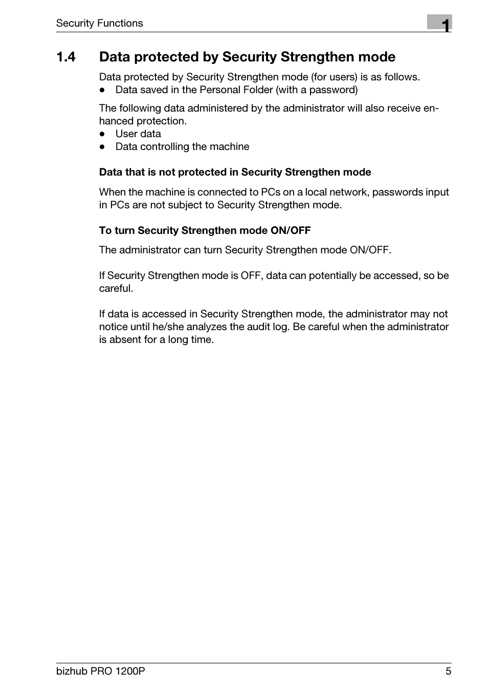 4 data protected by security strengthen mode, Data protected by security strengthen mode | Konica Minolta bizhub PRO 1200P User Manual | Page 11 / 72