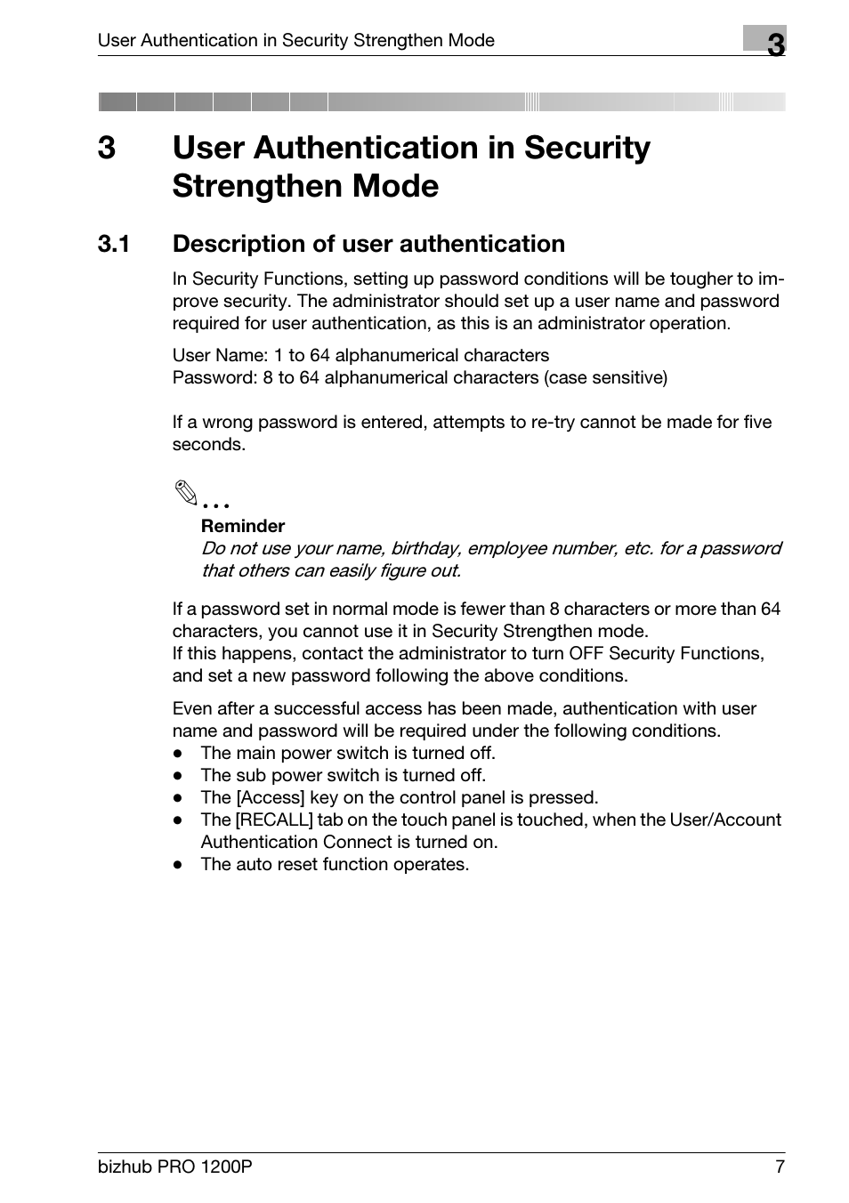 3 user authentication in security strengthen mode, 1 description of user authentication, User authentication in security strengthen mode | Description of user authentication, 3user authentication in security strengthen mode | Konica Minolta bizhub PRO 1200P User Manual | Page 13 / 72