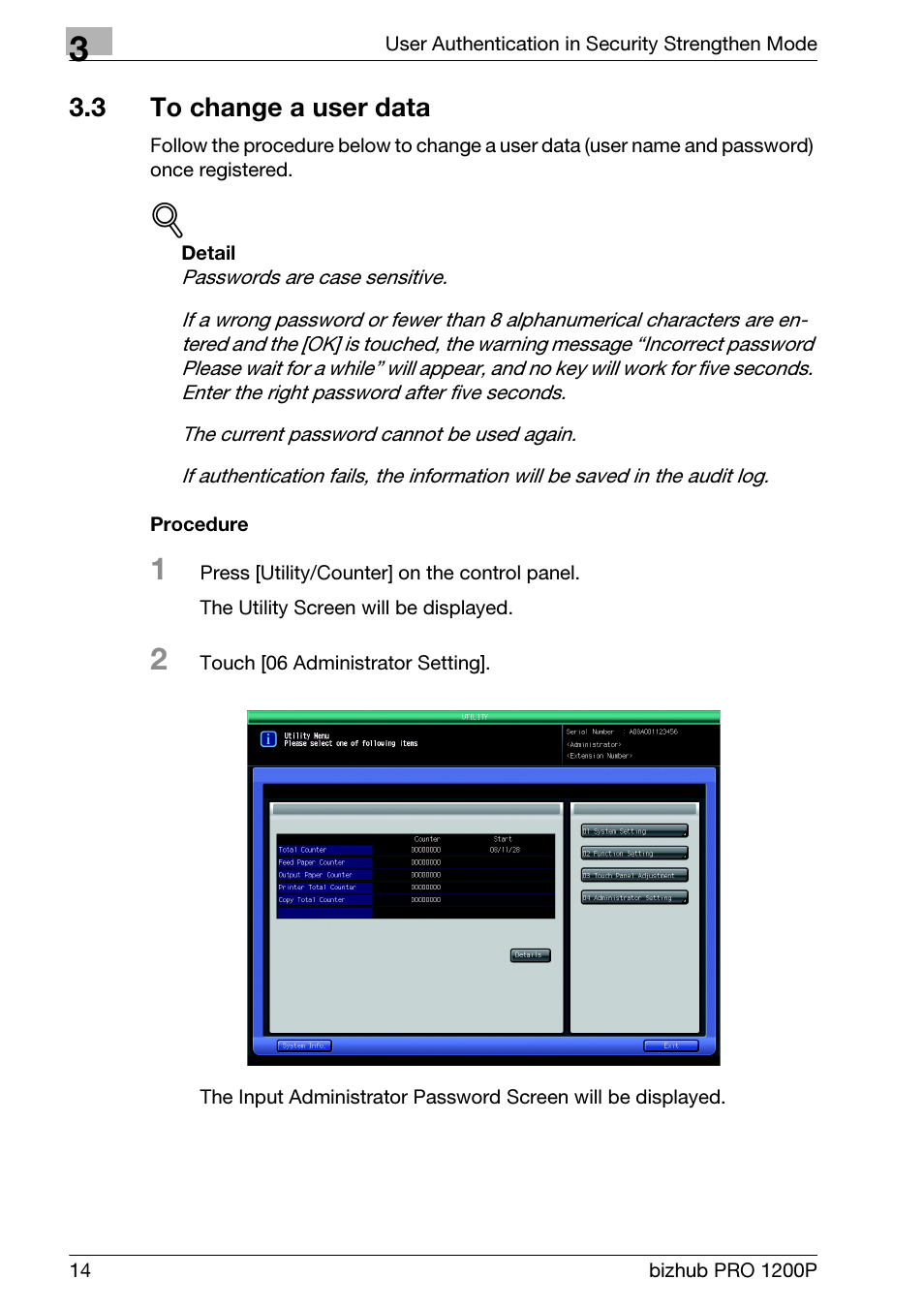 3 to change a user data, To change a user data | Konica Minolta bizhub PRO 1200P User Manual | Page 20 / 72