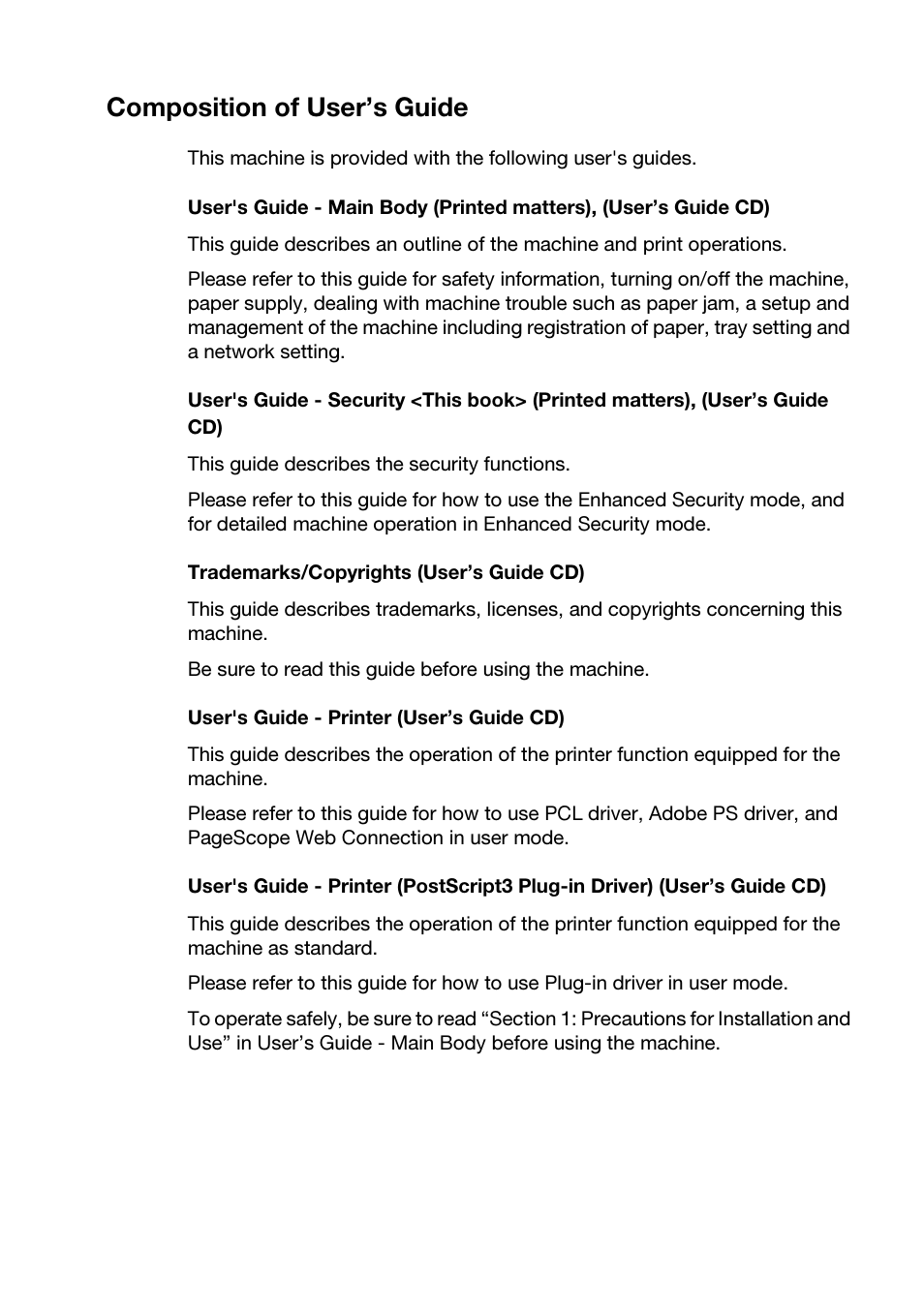 Composition of user’s guide | Konica Minolta bizhub PRO 1200P User Manual | Page 5 / 72