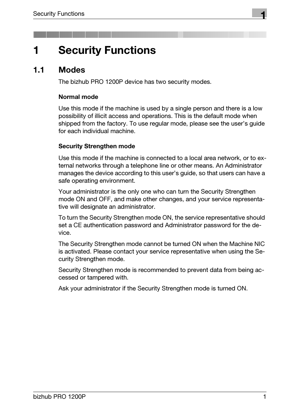 1 security functions, 1 modes, Security functions | Modes, 1security functions | Konica Minolta bizhub PRO 1200P User Manual | Page 7 / 72