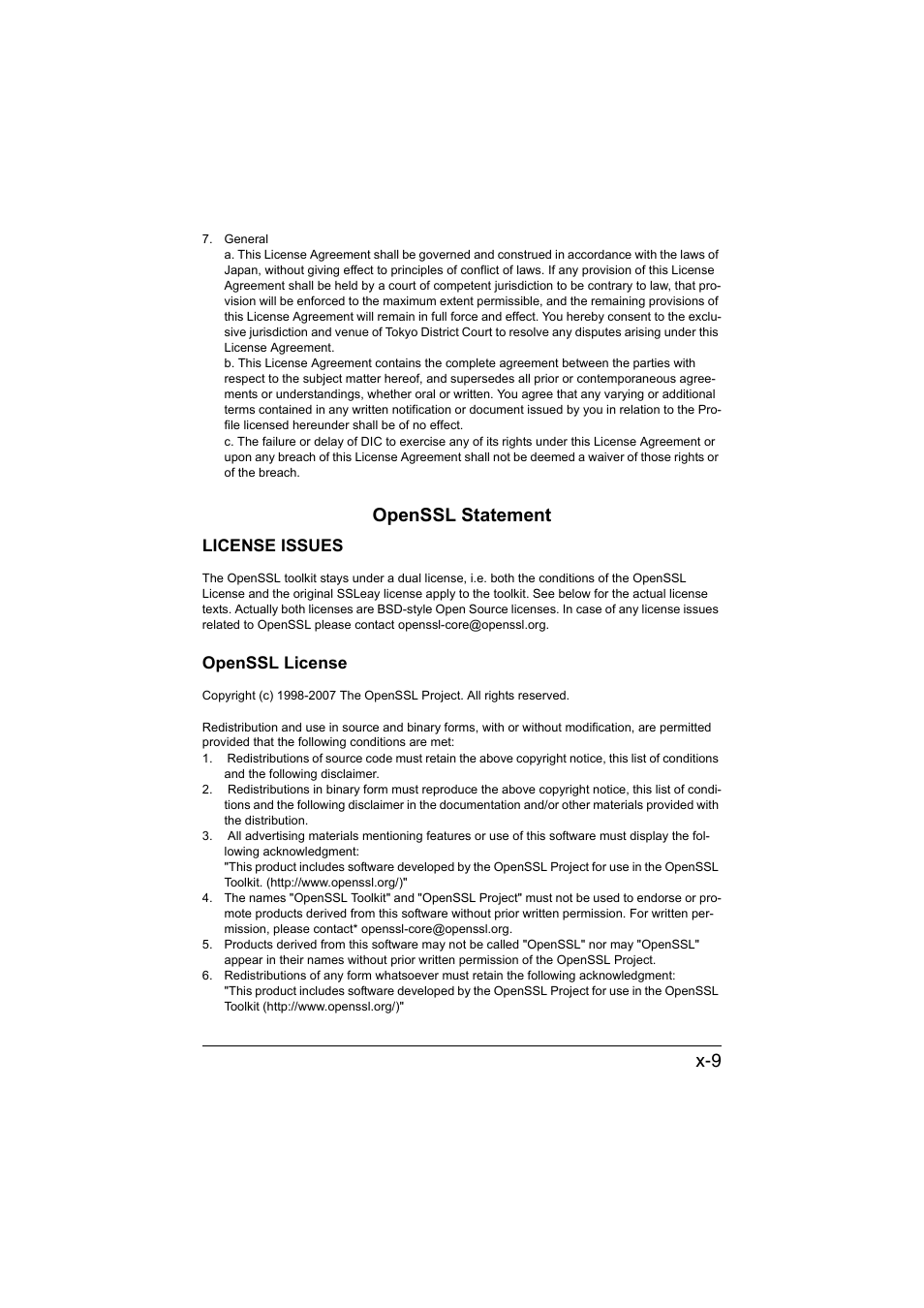 Openssl statement, License issues, Openssl license | Konica Minolta bizhub C35 User Manual | Page 10 / 510