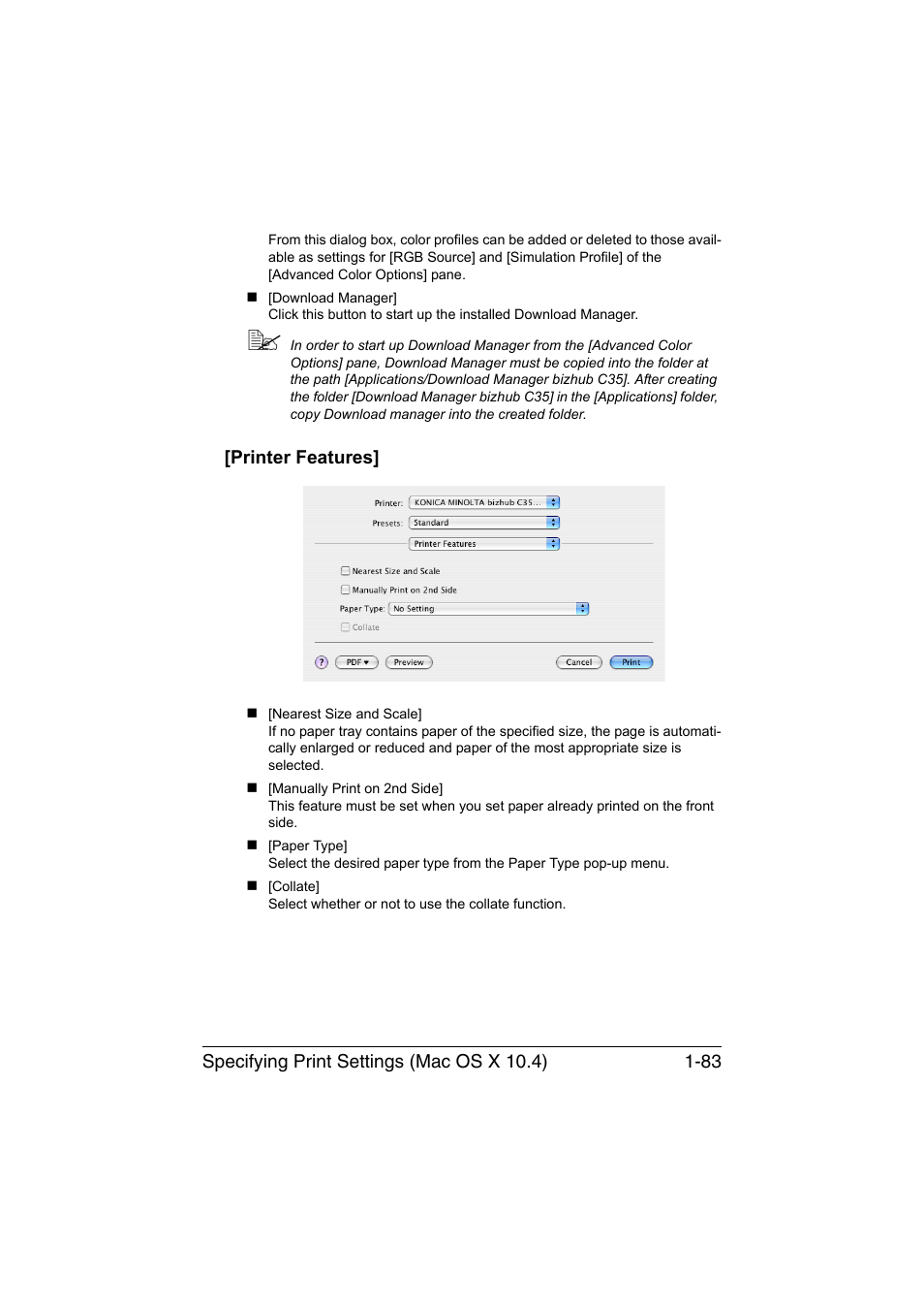 Printer features, Printer features] -83 | Konica Minolta bizhub C35 User Manual | Page 110 / 510