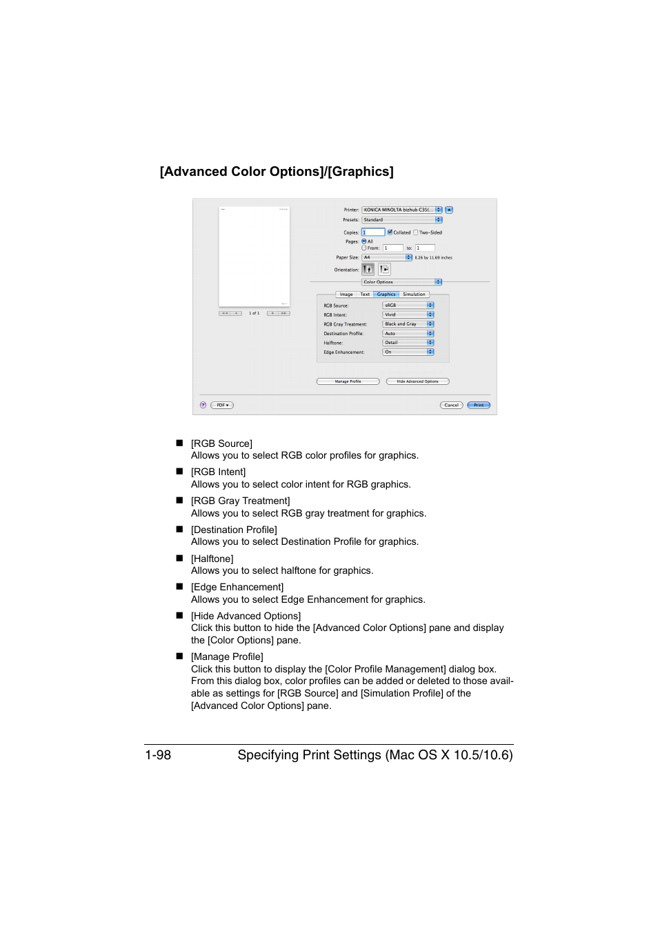 Advanced color options]/[graphics, Advanced color options]/[graphics] -98 | Konica Minolta bizhub C35 User Manual | Page 125 / 510