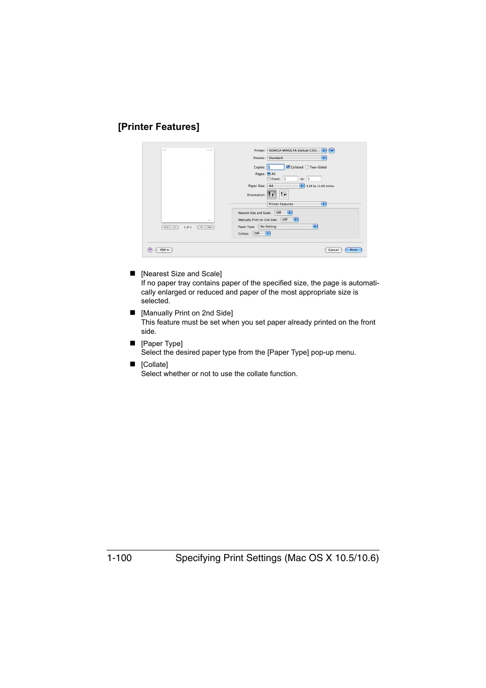 Printer features, Printer features] -100 | Konica Minolta bizhub C35 User Manual | Page 127 / 510