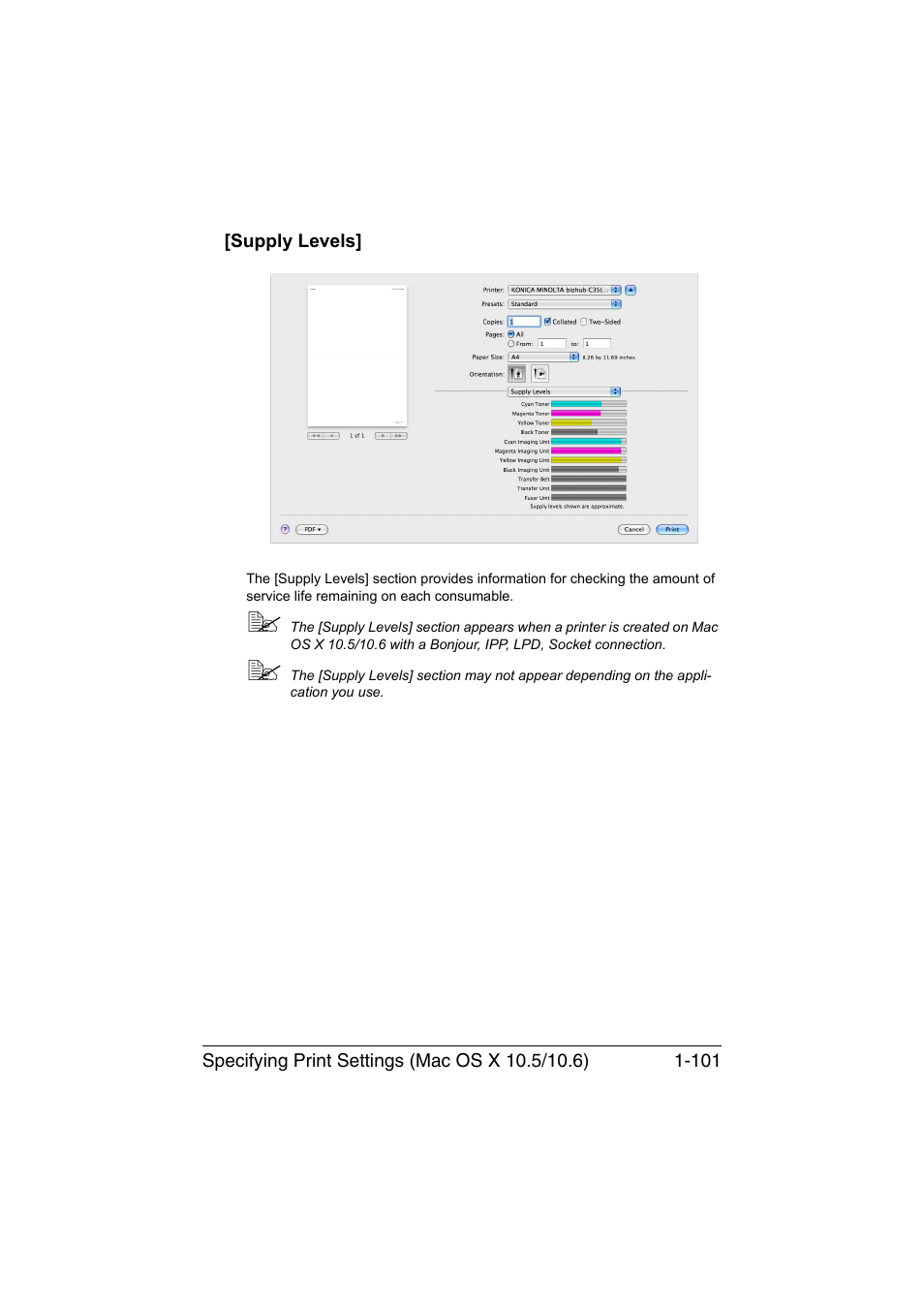 Supply levels, Supply levels] -101 | Konica Minolta bizhub C35 User Manual | Page 128 / 510