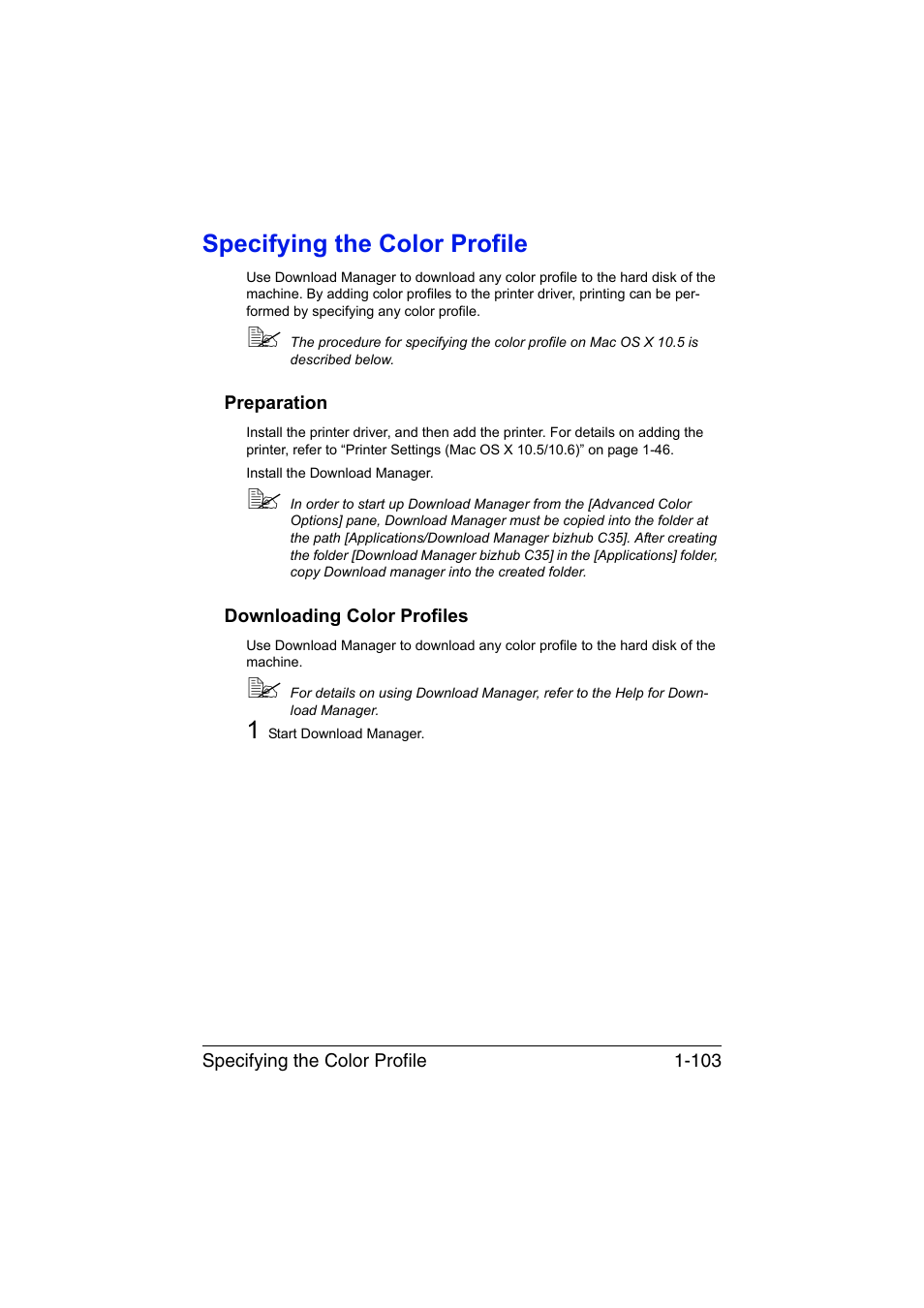 Specifying the color profile, Preparation, Downloading color profiles | Specifying the color profile -103, Preparation -103 downloading color profiles -103 | Konica Minolta bizhub C35 User Manual | Page 130 / 510