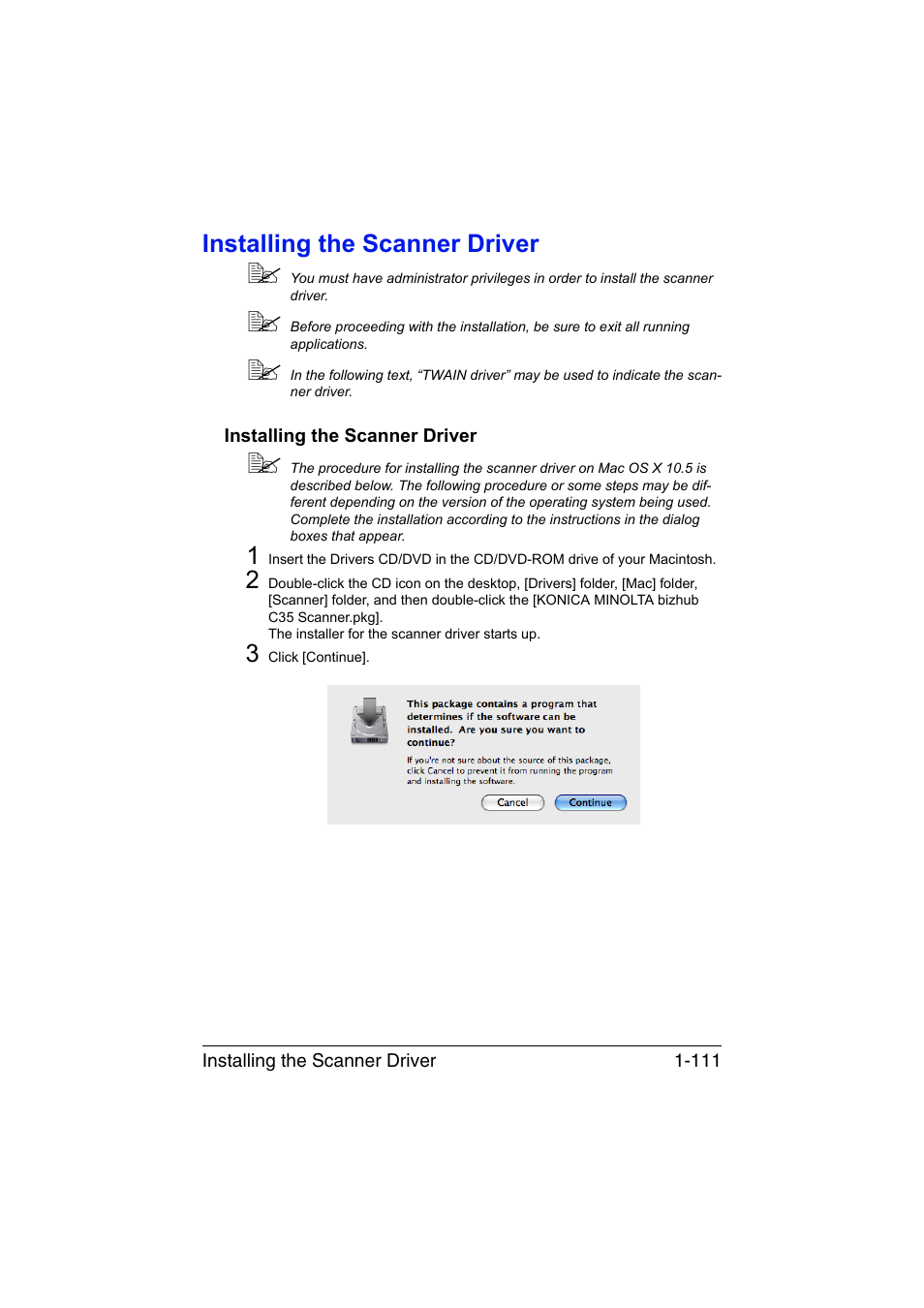 Installing the scanner driver, Installing the scanner driver -111 | Konica Minolta bizhub C35 User Manual | Page 138 / 510