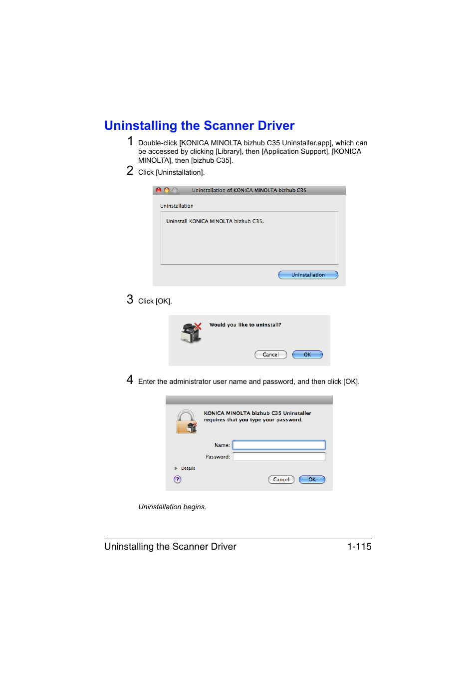 Uninstalling the scanner driver, Uninstalling the scanner driver -115, Uninstalling the scanner driver 1 | Konica Minolta bizhub C35 User Manual | Page 142 / 510