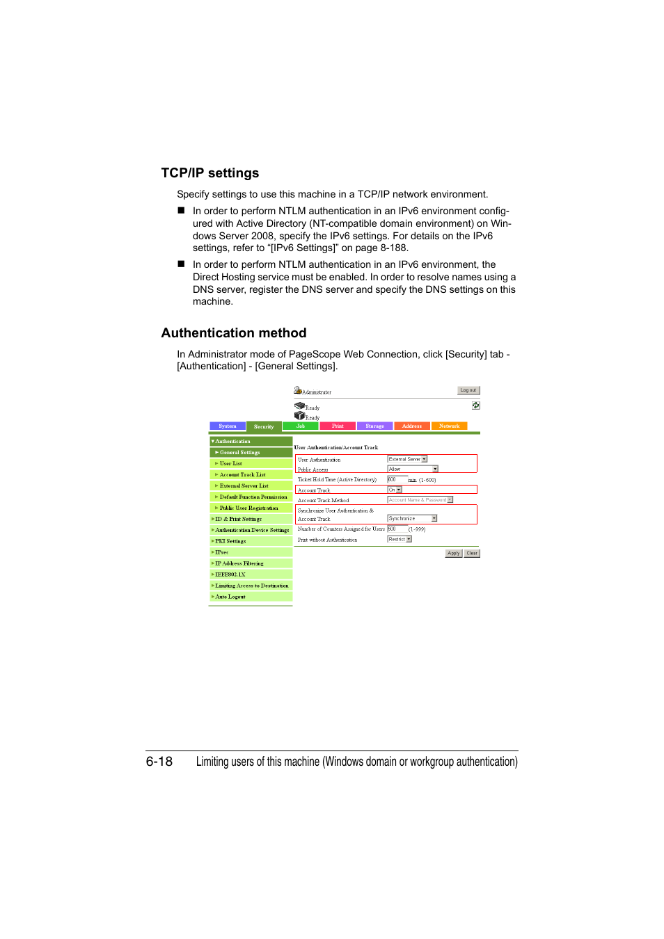 Tcp/ip settings, Authentication method, Tcp/ip settings -18 authentication method -18 | Authentication, Method | Konica Minolta bizhub C35 User Manual | Page 205 / 510